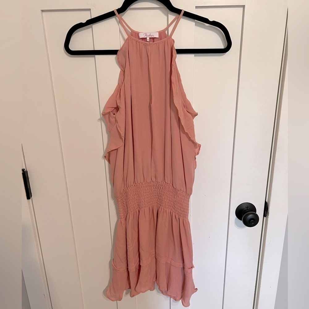 PARKER Dress Pink 100% Silk size XS Ruffle High Neck